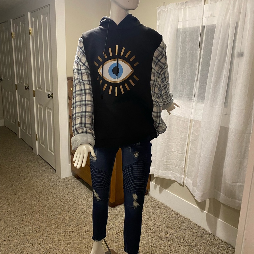 Upcycled No Evil Eye thematic hoodie